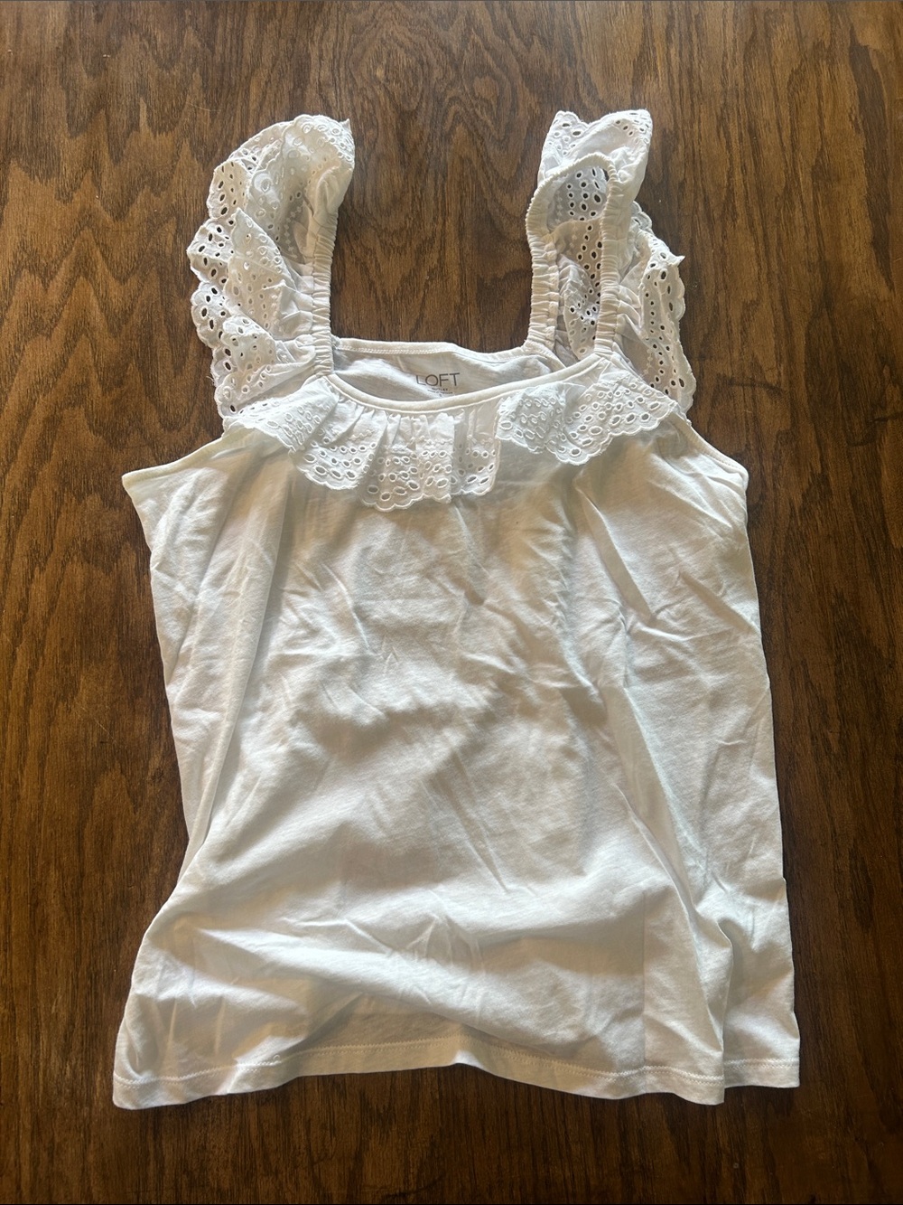 LOFT White Eyelet Ruffle Strap Tank